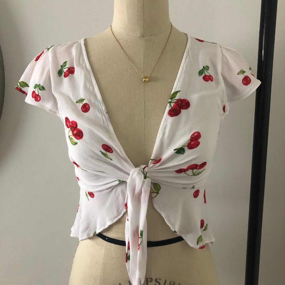 Cherry Print Ruffled Wrap Top - S